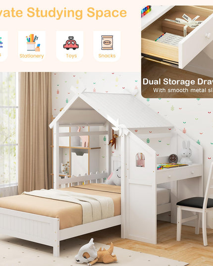 Giantex Twin House Bed with Desk & Chair, Wood Kids Playhouse Bed with 2 Drawers