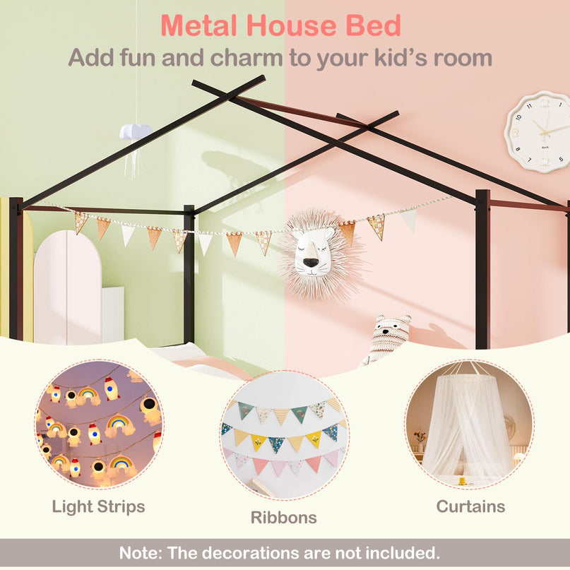 Giantex Metal Montessori Full Size House Bed with 2 Storage Drawers Noise Free