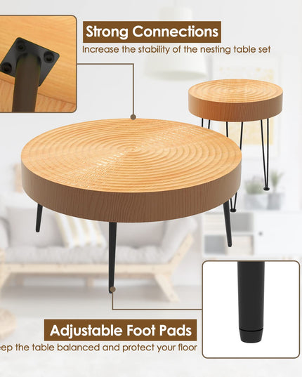 Giantex Round Coffee Table Set of 2 - Sofa Side Nesting Table w/Solid Pine Wood Top