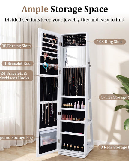 CHARMAID Lockable Standing Swivel Jewelry Armoire with Full Length Mirror