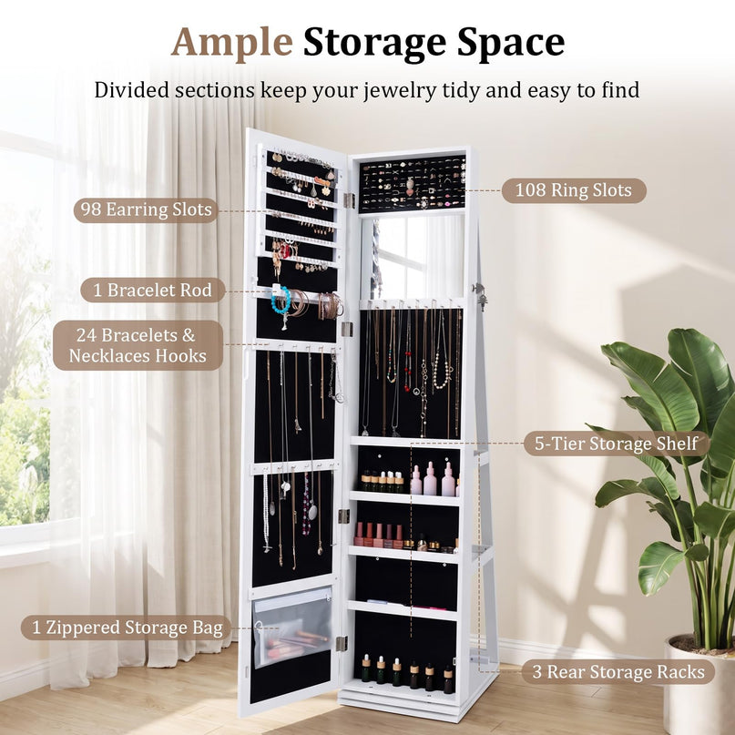 CHARMAID Lockable Standing Swivel Jewelry Armoire with Full Length Mirror