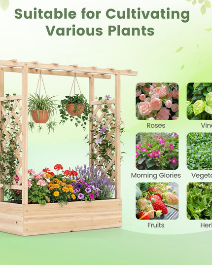 Giantex 45" Wooden Raised Garden Bed with Trellis & Hanging Roof