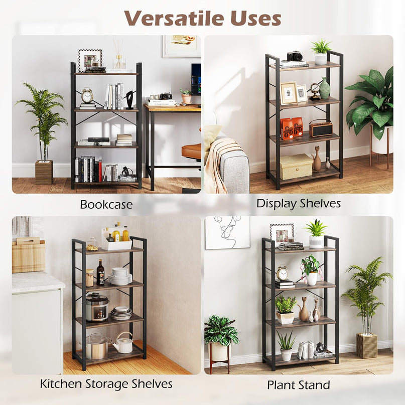 Giantex 4-Tier Bookshelf, Industrial Bookcase with Open Shelves, Metal Frame, 2 Anti-Toppling Kits
