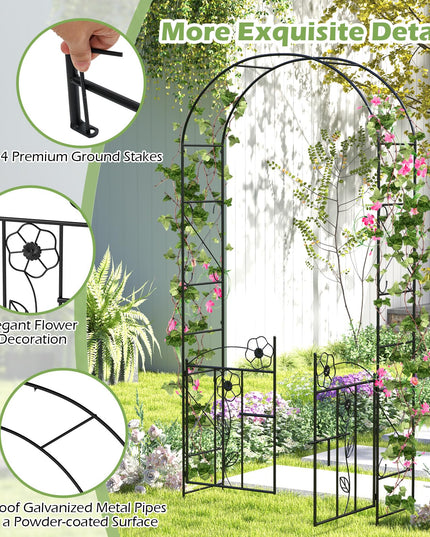 Giantex Garden Arbor with Gate, 7.5FT Metal Arch Trellis for Climbing Plants Rose Ivy, Archway Pergola with Flower Door