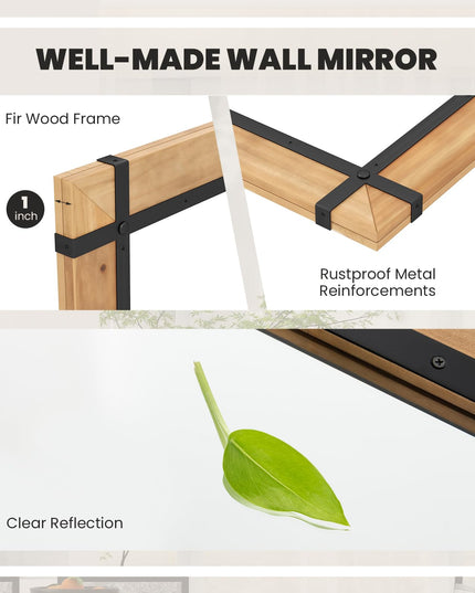 CHARMAID Wall Mirror, Farmhouse Vanity Mirror with Solid Wood Frame, Hanging Hooks