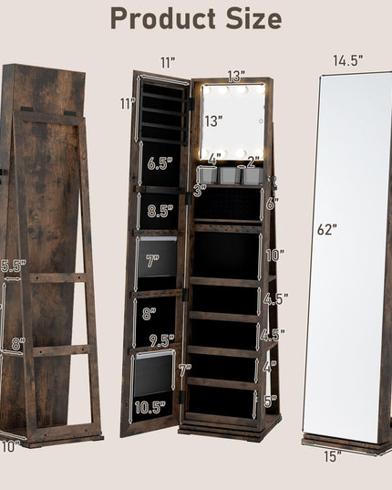 Swivel Jewelry Armoire with Full Length Mirror & Lighted Makeup Mirror