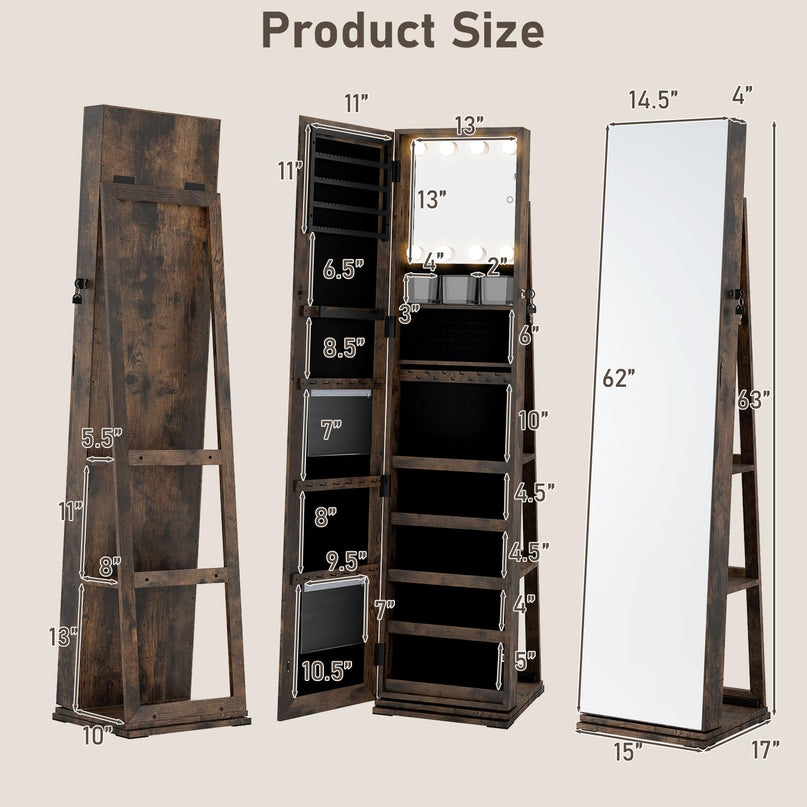 Swivel Jewelry Armoire with Full Length Mirror & Lighted Makeup Mirror