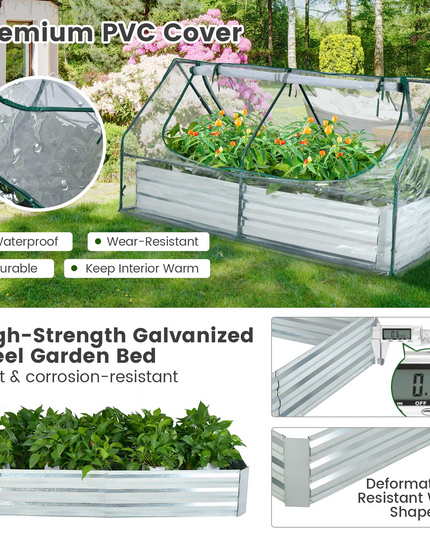 Giantex Galvanized Steel Raised Garden Bed with Mini Greenhouse, Outdoor Metal Planter Box Kit with Large Roll-up PVC Cover