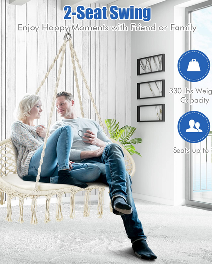 Hammock Chair 2 Seat, Macrame Hanging Chair with Cushion