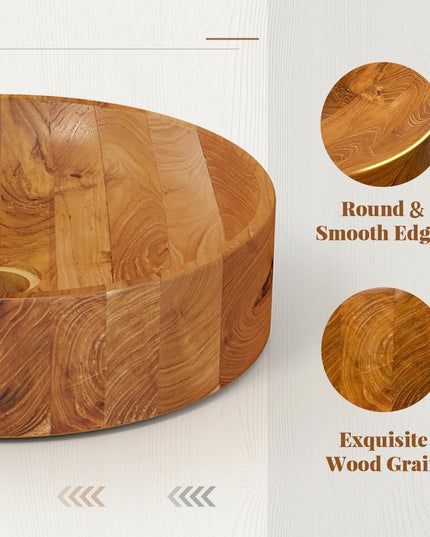 Giantex Teak Wood Vessel Sink - Bathroom Washbasin with Smooth Finish, 2.5” Drain Hole for 1 5/8" Drainage (16” x 16” x 4”)