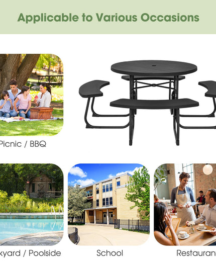 Giantex Picnic Table Set for Up to 8 Persons, Round Outdoor Table and Bench Set with Umbrella Hole