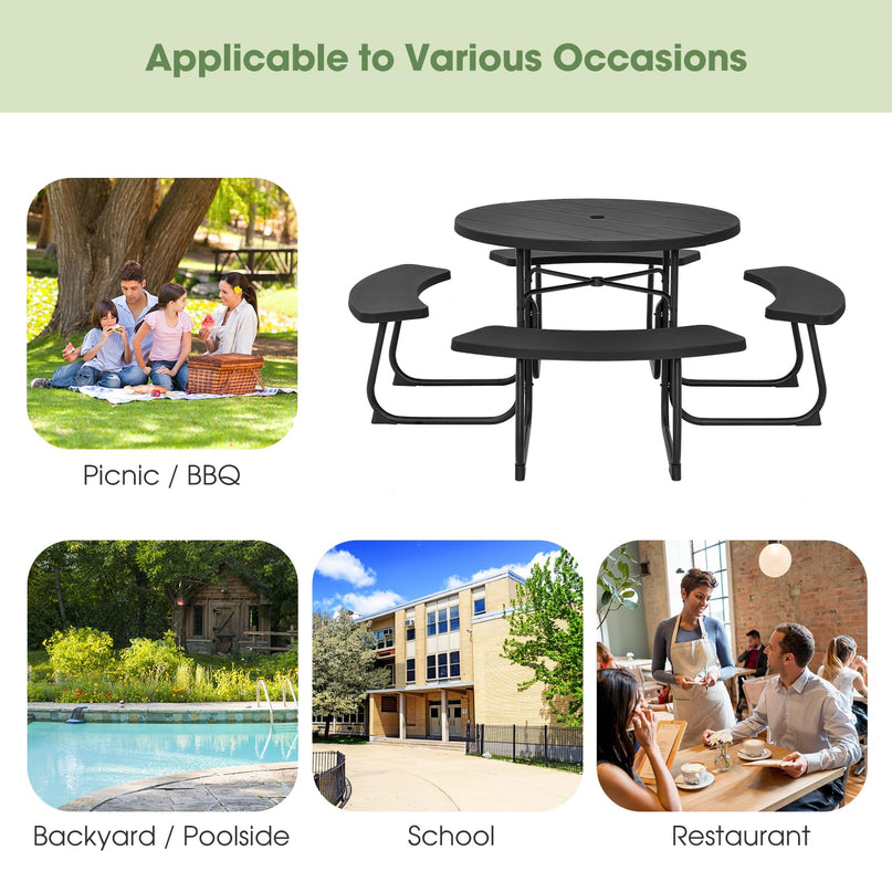 Giantex Picnic Table Set for Up to 8 Persons, Round Outdoor Table and Bench Set with Umbrella Hole