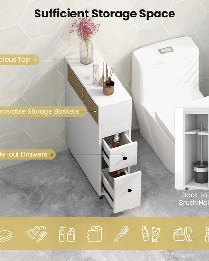 Giantex Small Bathroom Storage Cabinet - Slim Bathroom Organizer with Wheels, 2 Drawers, 2 Baskets