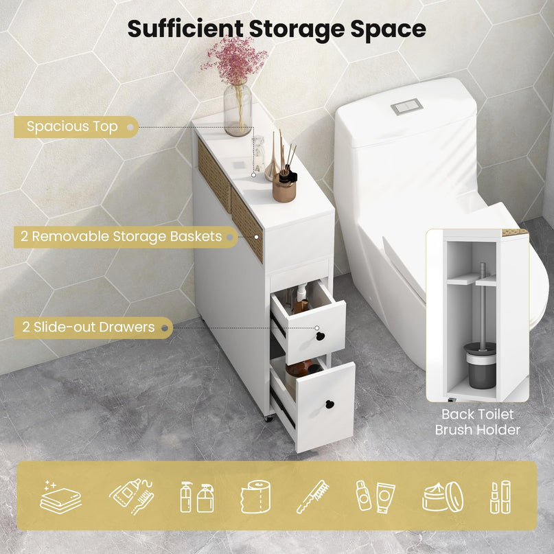 Giantex Small Bathroom Storage Cabinet - Slim Bathroom Organizer with Wheels, 2 Drawers, 2 Baskets