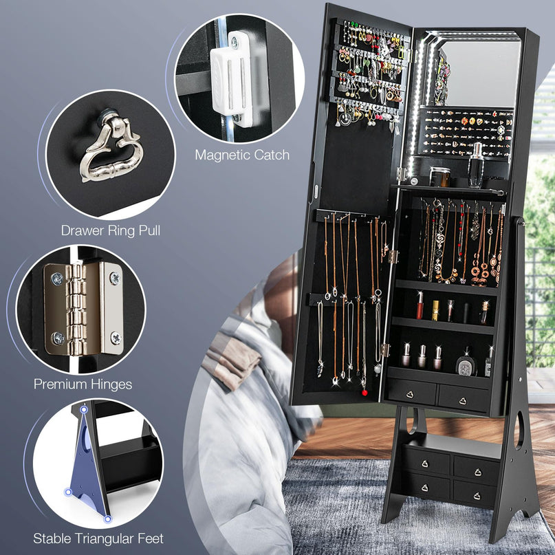 Jewelry Cabinet with LED Light Strip, Black - Giantex