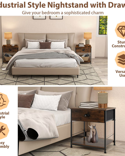 Giantex Nightstand with Drawers, Bedside Table w/Removable Fabric Bins & Pull Handle