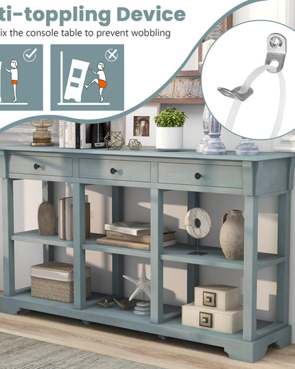 Giantex Console Table with Storage, 58” Long Sofa Table with 3 Drawers & Open Shelves