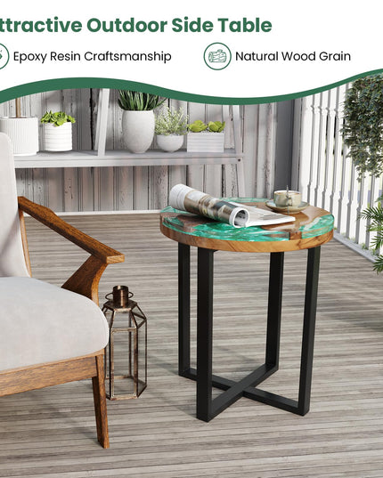 Giantex 20” Teak Wood Outdoor Side Table - Round End Table with Epoxy Resin Tabletop