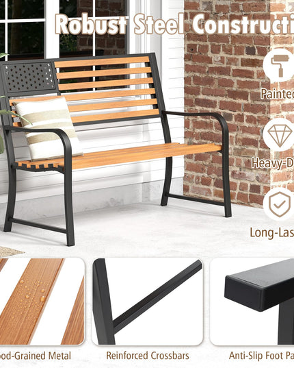 Giantex Outdoor Bench, 2-Person Metal Garden Bench with American Flag Backrest