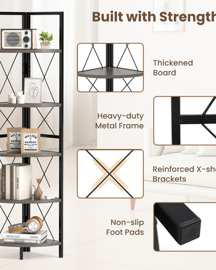 Giantex 5-Tier Corner Shelf, 63" Tall Corner Bookshelf, Freestanding Storage Rack w/Metal Frame