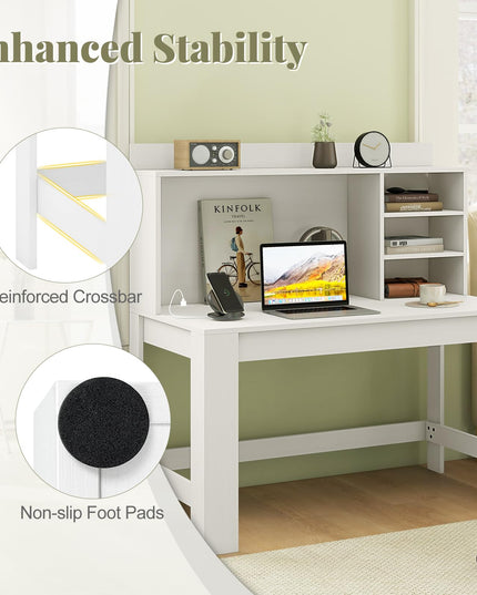 Giantex Computer Desk with Hutch, Modern Home Office Desk with Power Outlets, Storage Shelves & Cable Hole
