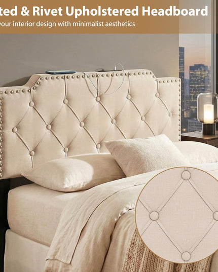 Giantex Headboard with Charging Station Queen/Full Size Rivet Tufted Upholstered（Riveted Diamond Tufting with Charging）