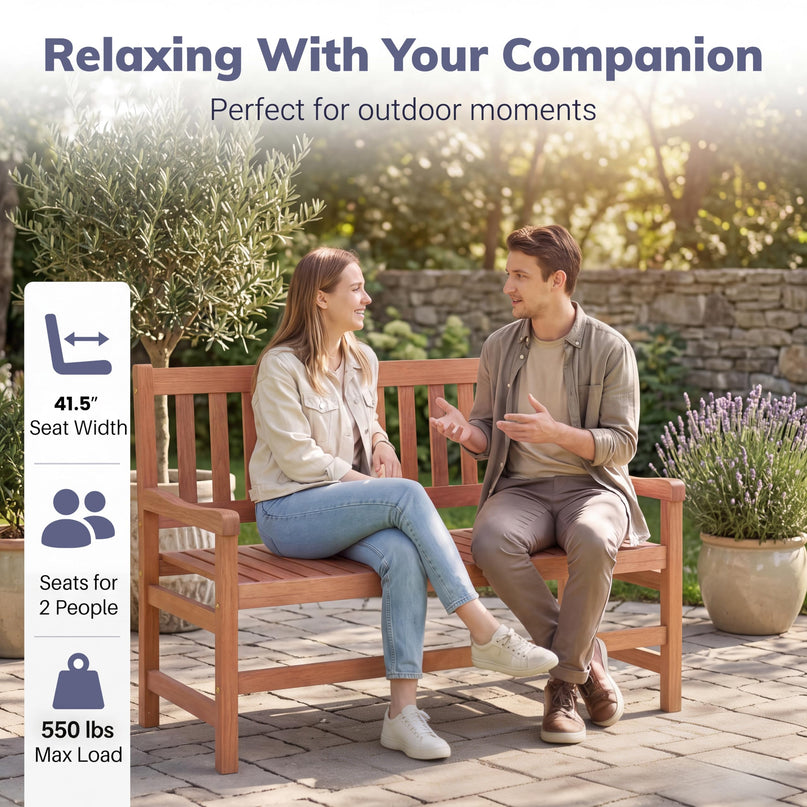 GIANTEX 44 Inch Solid Wood Patio Bench with Slatted Backrest & Armrests for Porch