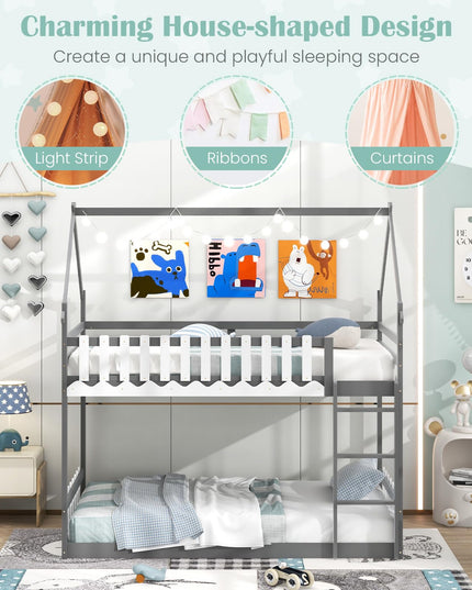 Giantex Bunk Bed Twin Over Twin, Wood House Low Bunk Bed with Ladder & Fence Safety Guardrail