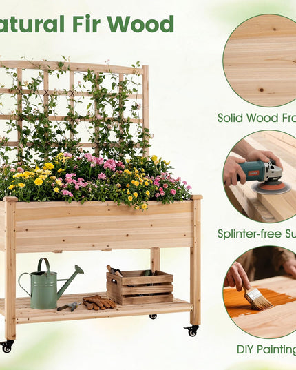 Giantex 65'' Wooden Raised Garden Bed w/Trellis on Wheels (1/2)