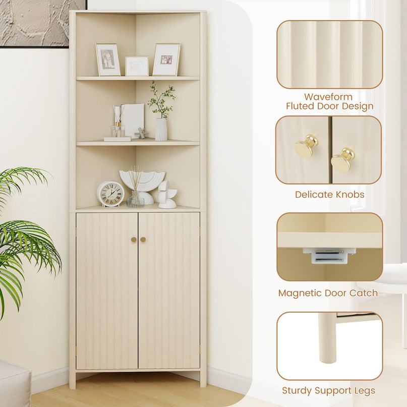 Meuble d'angle Giantex de 173 cm de haut avec 5 étagères et 2 portes cannelées pour salle de bain