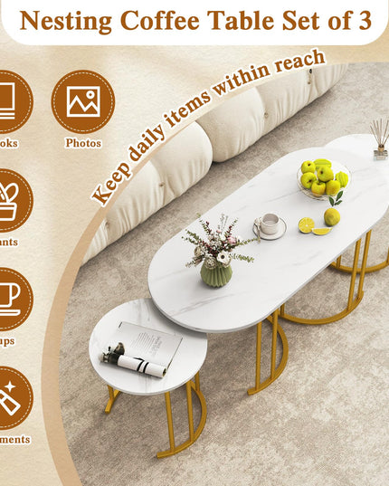 Lot de 3 tables basses gigognes Giantex, tables d'appoint empilables avec plateau en faux marbre et cadre en métal doré