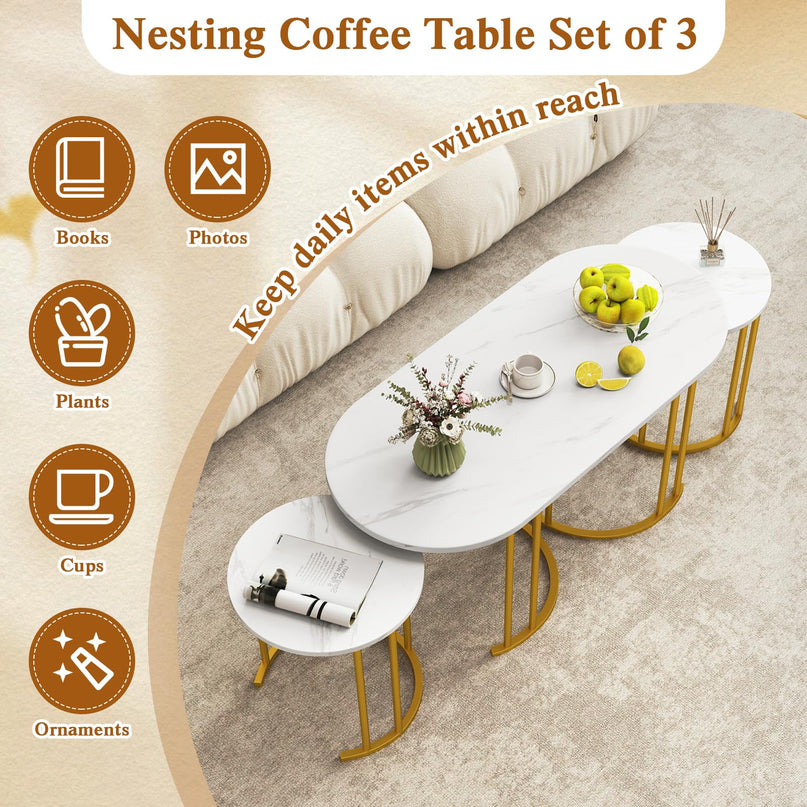Lot de 3 tables basses gigognes Giantex, tables d'appoint empilables avec plateau en faux marbre et cadre en métal doré