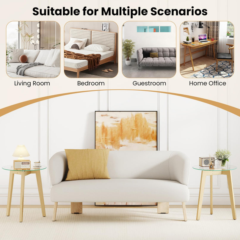 Giantex Modern Round Bedside Nightstand with Clear Tempered Glass Top & Rubber Wood Legs