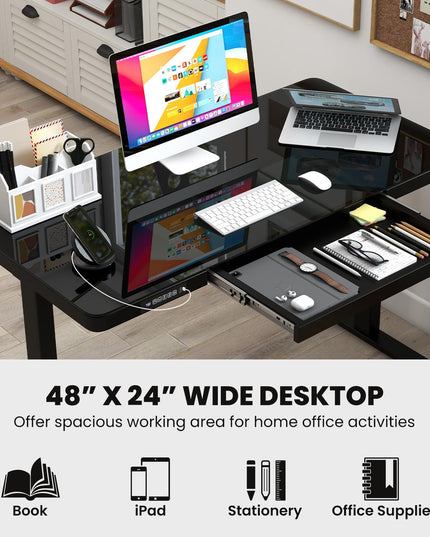 Giantex Glass Standing Desk with Drawer, 48" x 24" Height Adjustable Electric Stand Up Desk