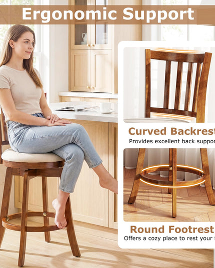 Giantex 25" Counter Height Stools with Rubber Wood Legs & Footrest & Upholstered Seat