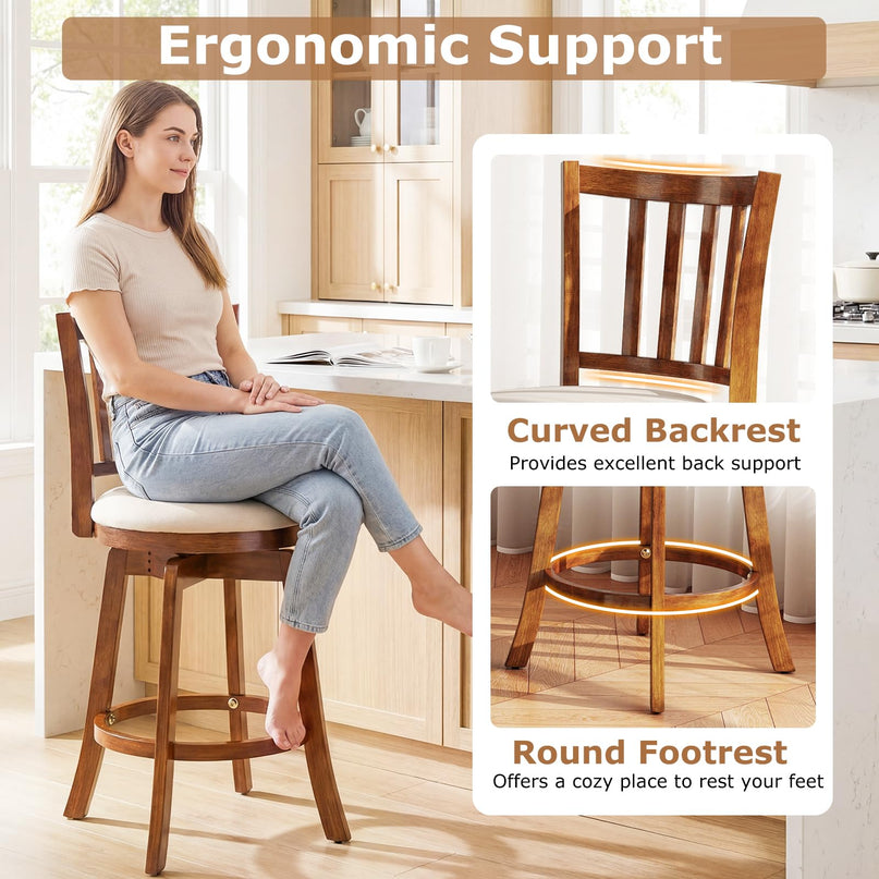 Tabourets de bar Giantex 63,5 cm avec pieds en bois d'hévéa, repose-pieds et assise rembourrée