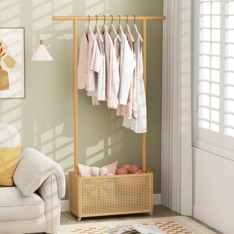 Giantex Bamboo Rolling Garment Rack with Rattan Storage Basket for Hallway Living Room Bedroom