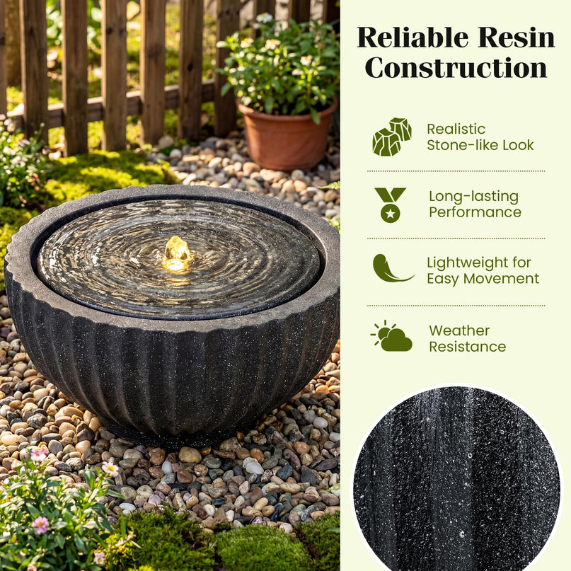 Giantex 18" Round Outdoor Water Fountain with 6 LED Lights for Garden Patio Porch Decor