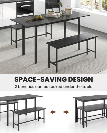 Giantex Dining Room Table Set for 4-6, 3 Piece Dining Table Set, 63” Extendable Dining Table with 2 Benches