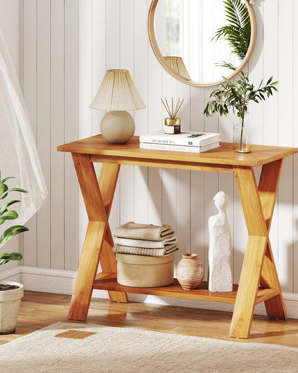 Giantex Solid Teak Wood Console Table with Storage Shelf