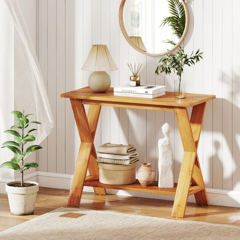 Giantex Solid Teak Wood Console Table with Storage Shelf