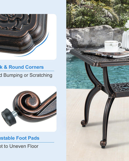 Giantex 21” Patio Bistro Table, Cast Aluminum Outdoor Side Table with Storage Shelf