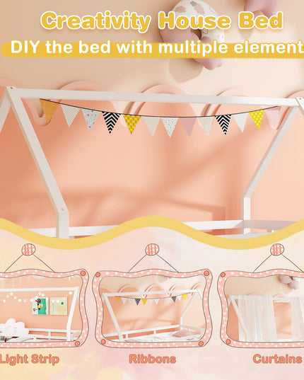 Giantex Twin House Bed with Trundle, Wood Kids Bed Frame with Roof & Fence Rails