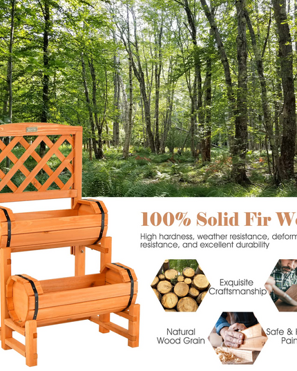 Giantex Raised Garden Bed with 2 Barrel Planters & Trellis, 2-Tier Freestanding Wooden Raised Bed for Vegetable Flower Fruit