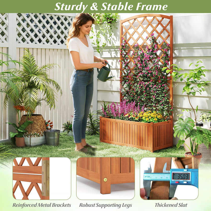 Giantex Solid Acacia Wood Planter Box with Trellis 63" Raised Garden Bed