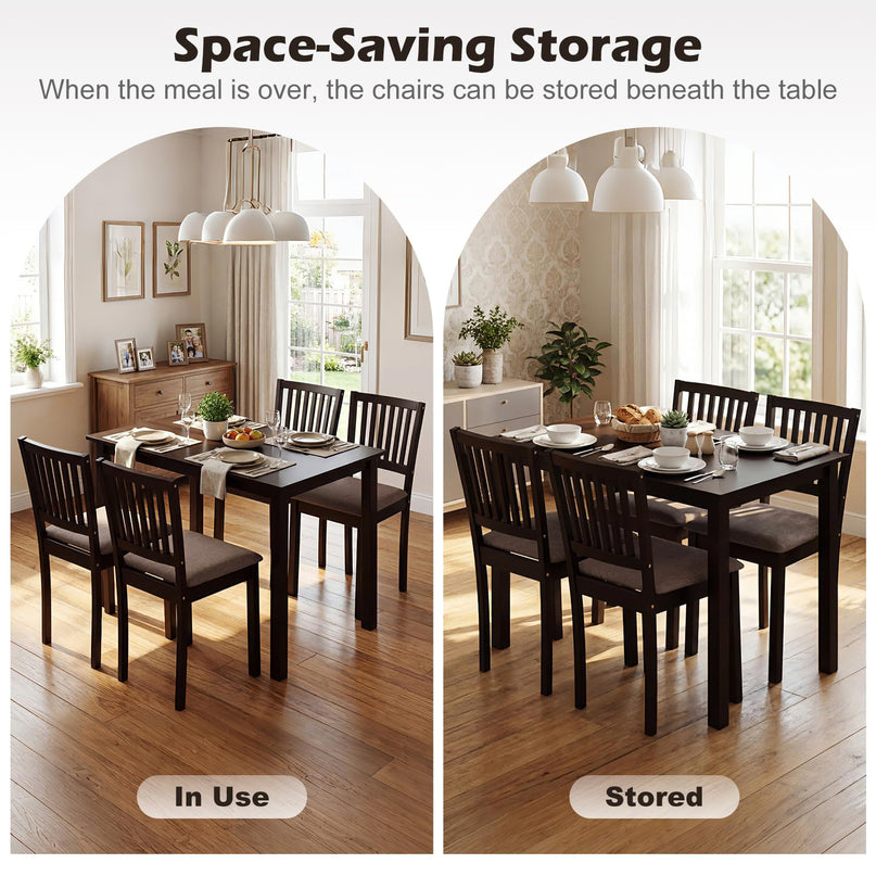 Giantex Rectangular Kitchen Table Set w/4 Upholstered Chairs & Solid Rubber Wood Frame