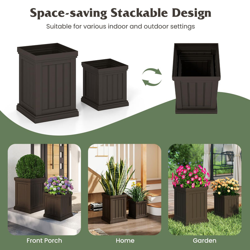 Giantex Square Plastic Planters Set of 2 with/Drainage Holes & Nesting Design