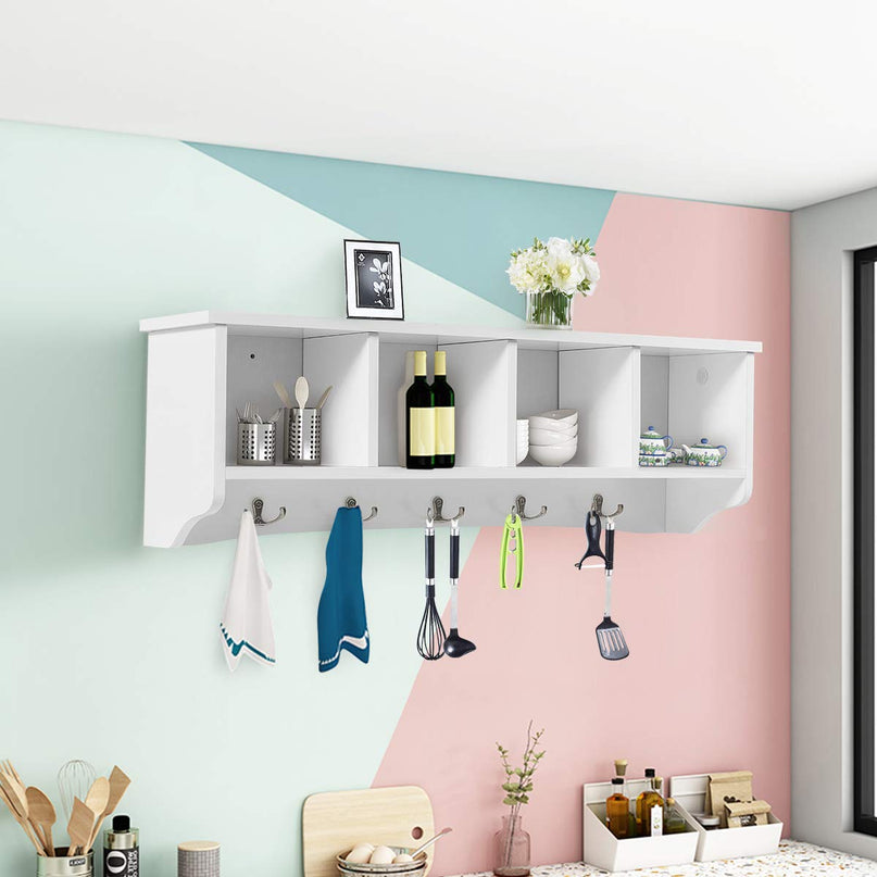 Giantex Wall-Mounted Storage Shelf W/4 Storage Units and 5 Dual Hooks