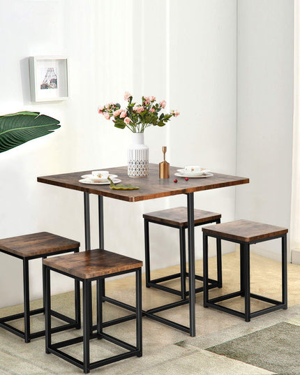 5 Piece Dining Table Set, Dining Set for 4 with Square Stools, Walnut & Black