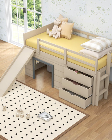 Giantex Twin Low Loft Bed with Slide, Solid Wood Twin Loft Bed with Ladder